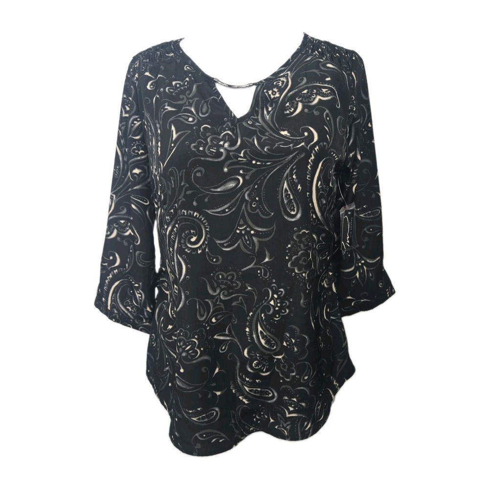Kim Rogers Petite PS Black-Print Smocked 3/4 Sleeve Blouse Top New